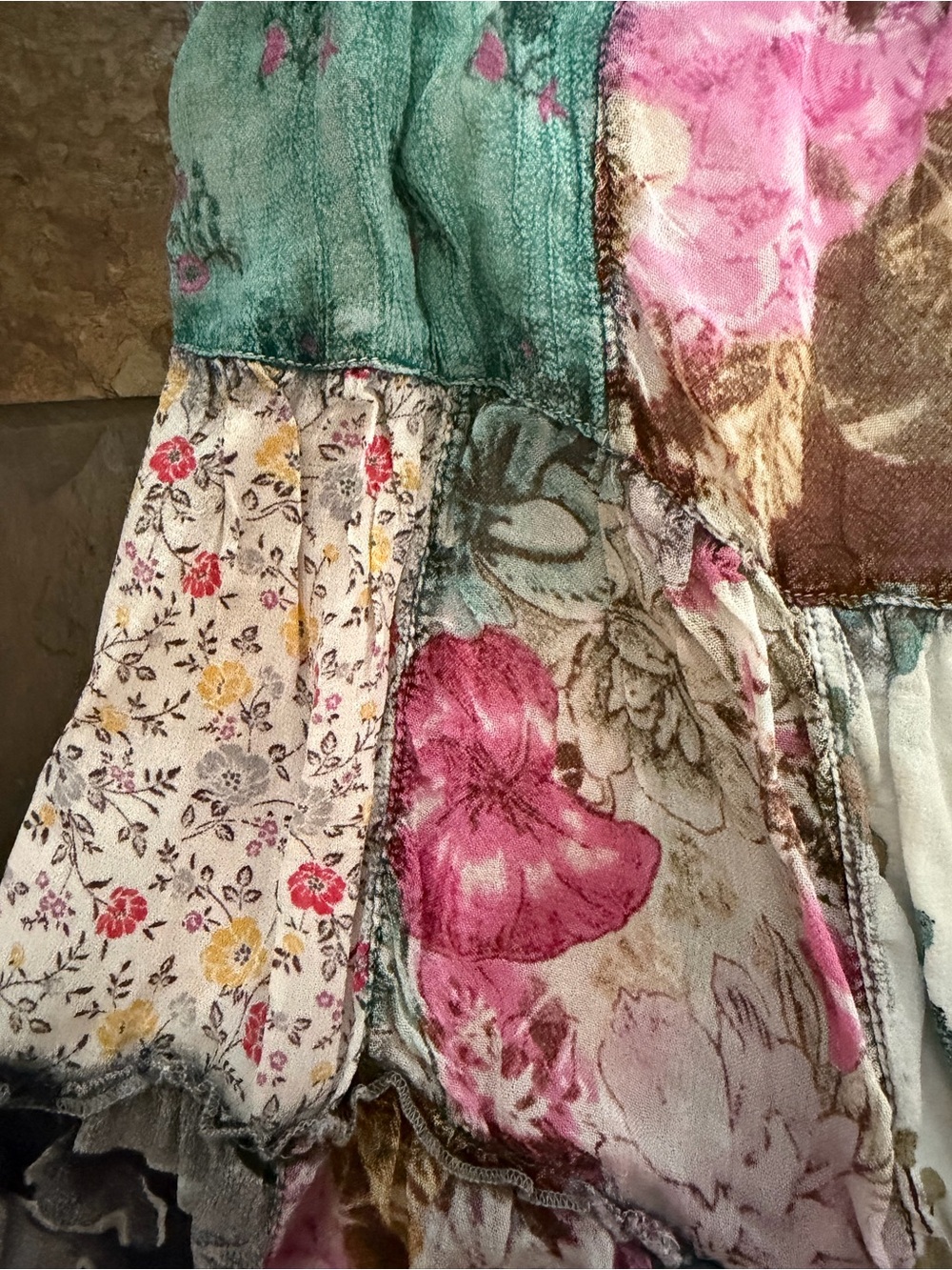 Young Threads elastic waist sz medium Patchwork Boho  squares Mini Skirt . Lined - Picture 7 of 14